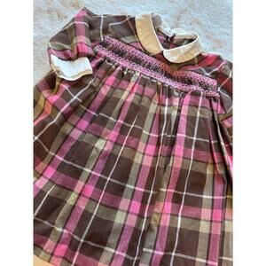 Vintage Smocked Pink Brown Plaid Peter Pan Collar Dress Size 3